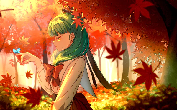 Hina Kagiyama from Touhou stands amid vibrant autumn leaves, gently holding a blue butterfly in this 4K Ultra HD anime desktop wallpaper.