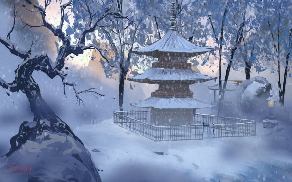 Anime Shrine Temple Winter Snow HD Wallpaper | Background Image