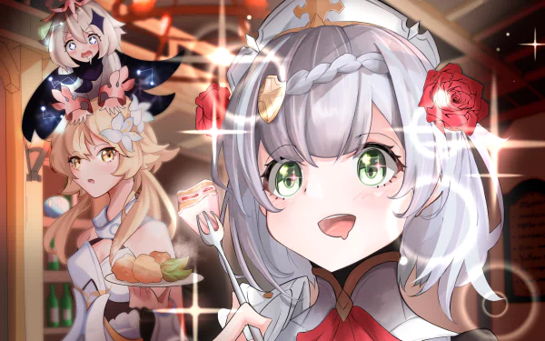 HD desktop wallpaper featuring Paimon, Noelle, and Lumine from Genshin Impact. Paimon is on Lumine's head, while Noelle is in the foreground with a happy expression, surrounded by sparkles.