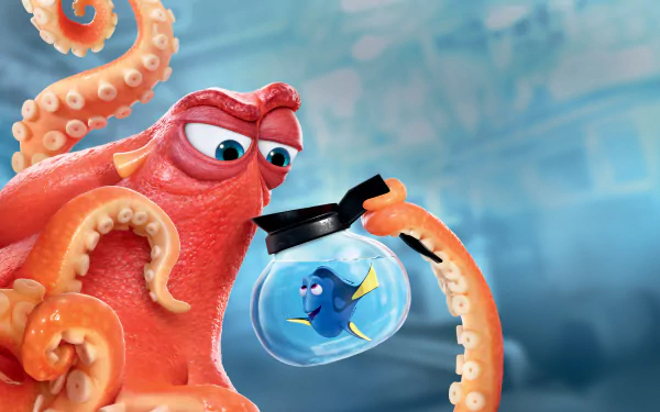 HD desktop wallpaper featuring Hank the octopus holding Dory in a water-filled jar, from the movie Finding Dory.
