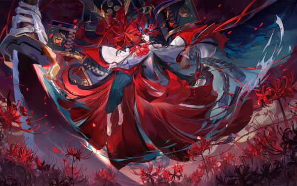 A vibrant anime-inspired HD desktop wallpaper featuring dynamic Onmyoji characters amidst a backdrop of swirling red flowers, creating a captivating and mystical atmosphere.