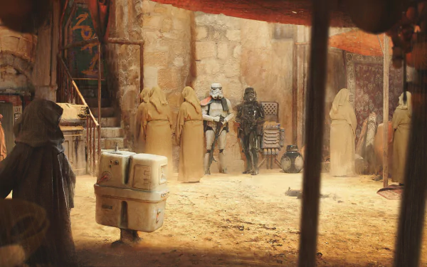HD desktop wallpaper featuring a Star Wars scene with Jawas, a droid, Death Trooper, and stormtrooper in a rustic marketplace setting.