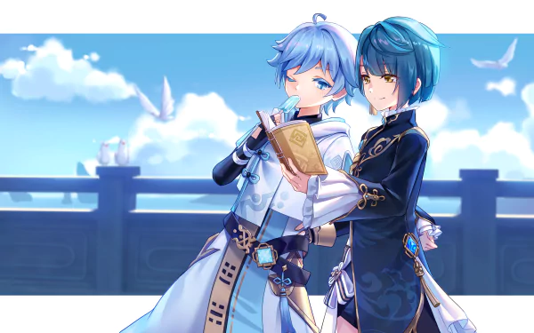 HD PC desktop wallpaper featuring Chongyun and Xingqiu from the video game Genshin Impact against a bright sky background.