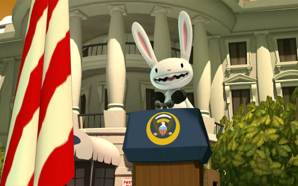 HD desktop wallpaper from Sam & Max Save the World featuring Max at a podium in front of the White House.