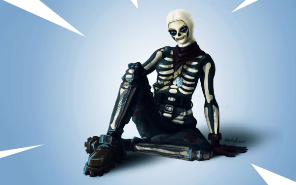 HD desktop wallpaper featuring Fortnite's Skull Trooper character in a dynamic pose on a blue background.