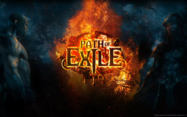 HD desktop wallpaper featuring the Path of Exile logo flanked by two characters in a dramatic fiery and dark setting.