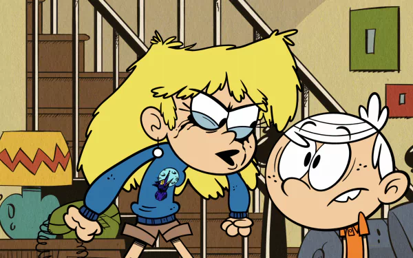 HD wallpaper of 'The Loud House' featuring two animated characters, one looking angry and the other shocked.