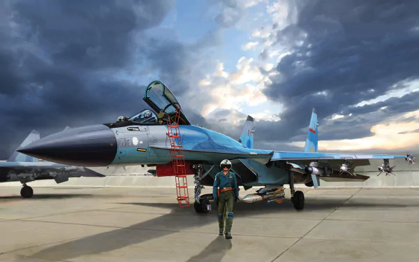 A pilot stands near a Sukhoi Su-35 jet fighter military aircraft on the runway under a dramatic cloudy sky in this 4K Ultra HD desktop wallpaper.