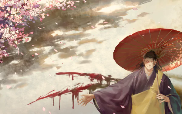 HD PC desktop wallpaper featuring Suguru Geto from Jujutsu Kaisen, standing under a red umbrella with cherry blossoms and dramatic clouds in the background.