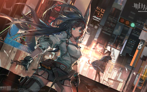 HD desktop wallpaper featuring Blaze and Amiya from Arknights, with the characters showcasing black hair and aqua eyes along with animal ears, set against a vibrant, futuristic cityscape.