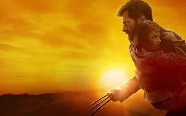 HD wallpaper featuring Wolverine (Hugh Jackman) and X-23 (Dafne Keen) from the movie Logan, with a dramatic sunset background.