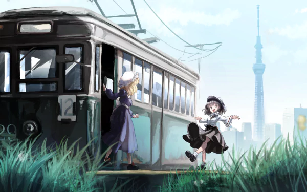 4K Ultra HD PC desktop wallpaper: Touhou anime scene of Renko Usami and Maribel Hearn by a vintage tram in tall grass, with a soft city skyline and a distant tower.