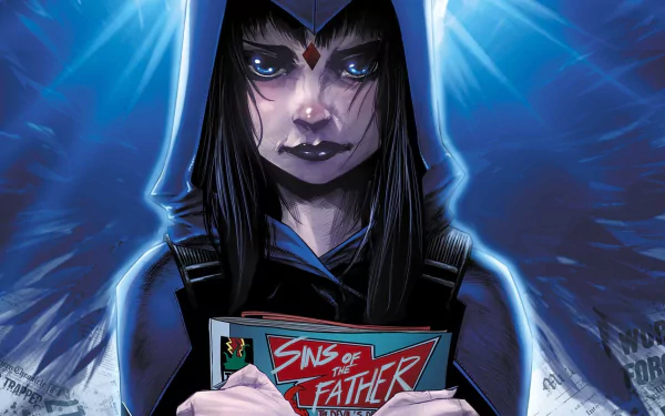 Raven (DC Comics) comic HD PC desktop wallpaper: hooded Raven with glowing blue eyes and dark lipstick holds a Sins of the Father comic against a stormy blue background.