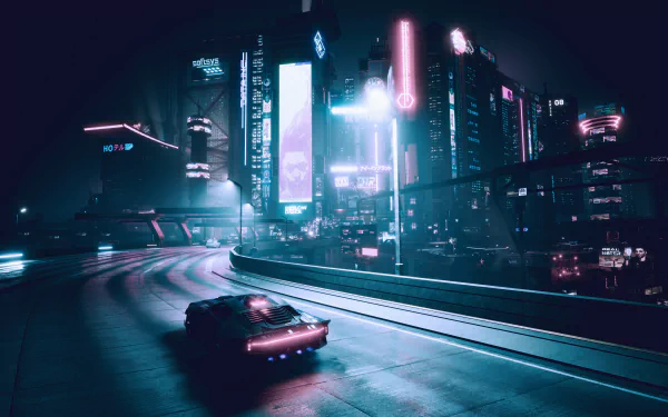 A cyberpunk cityscape at night with neon lights, featuring a futuristic car on a highway, inspired by Cyberpunk 2077, rendered in 4K Ultra HD for PC gaming.