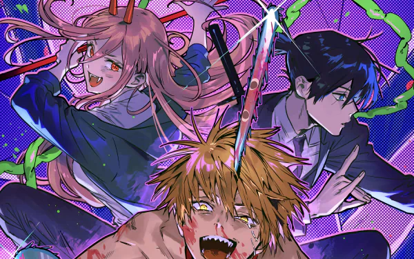 HD desktop wallpaper featuring Aki Hayakawa, Power, and Denji from the anime Chainsaw Man. The dynamic illustration captures the energetic essence of the characters in vibrant colors.
