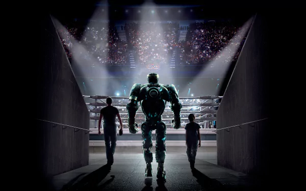 A HD desktop wallpaper from the movie Real Steel featuring a robot and two people walking towards a brightly lit boxing ring.