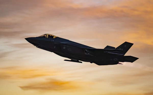 Lockheed Martin F-35 Lightning II jet fighter soars against a vibrant sunset sky, showcasing advanced military aircraft in stunning 4K Ultra HD detail.
