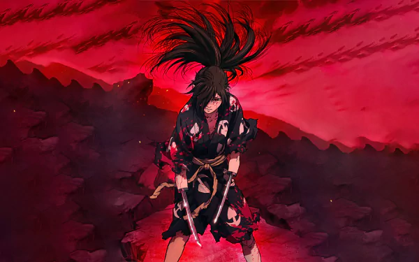 Hyakkimaru (Dororo) stands bloodied with swords under a crimson sky, anime 4K Ultra HD PC desktop wallpaper background.