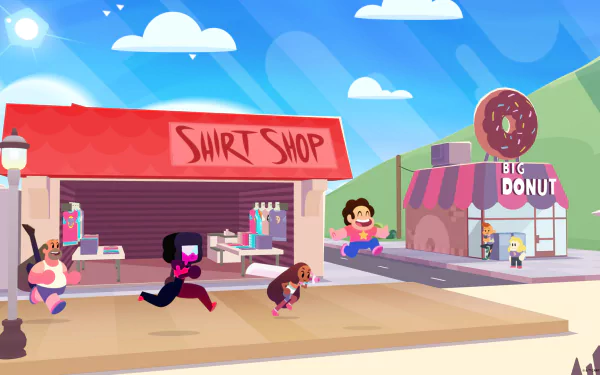 HD desktop wallpaper from Steven Universe Unleash The Light, featuring characters in front of the Shirt Shop and Big Donut.