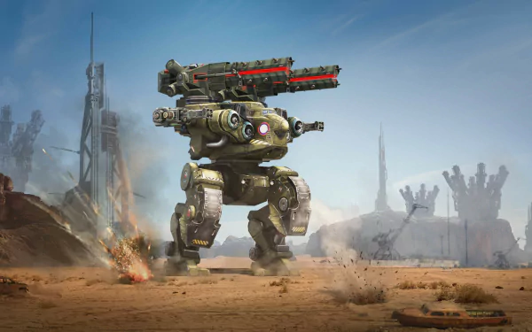 HD desktop wallpaper featuring a War Robot in a combat stance on a dusty battlefield.