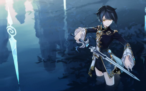 HD wallpaper featuring Xingqiu from Genshin Impact with yellow eyes, standing in water and holding a sword against a mystical blue and green backdrop.