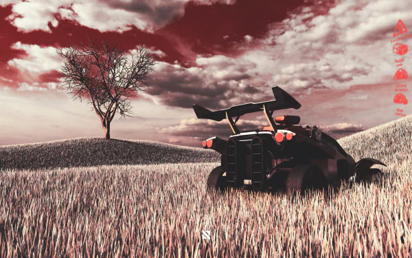 HD PC desktop wallpaper merging Ghost of Tsushima video game aesthetic with Rocket League: armored car rests in windswept grass beneath a blood-red sky and a lone tree.
