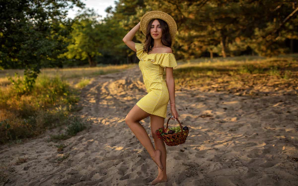depth of field hat brunette yellow dress woman model HD Desktop Wallpaper | Background Image