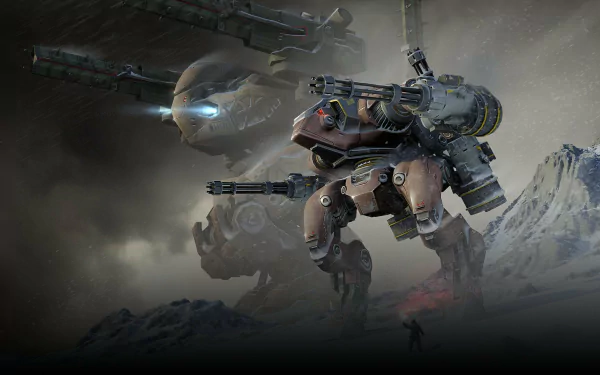 HD desktop wallpaper featuring an imposing War Robots battle scene with a towering mech amidst a mountainous terrain.
