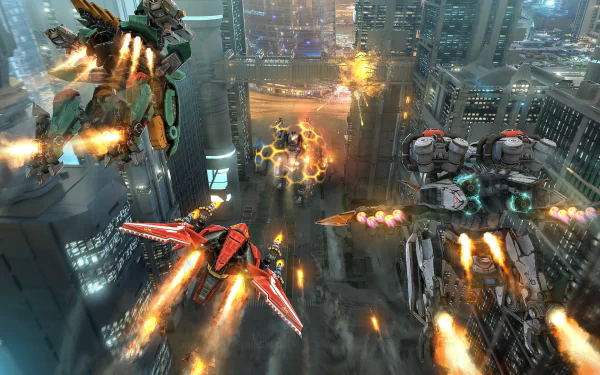 HD wallpaper featuring dynamic War Robots in aerial combat above a futuristic cityscape.