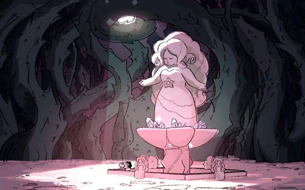 HD PC desktop wallpaper featuring Steven from the TV show Steven Universe, depicted as a glowing statue in a mystical forest setting under moonlight.