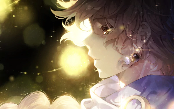 HD PC desktop wallpaper of Aether from the video game Genshin Impact, featuring a detailed side profile with glowing light effects and a soft, ethereal atmosphere.