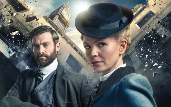 HD desktop wallpaper featuring characters from Miss Scarlet and the Duke with a backdrop of Big Ben and shattered glass.