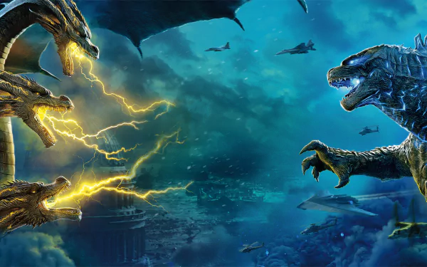 Epic 4K Ultra HD wallpaper featuring Godzilla and King Ghidorah in a dramatic Monsterverse battle scene from Godzilla: King of the Monsters.