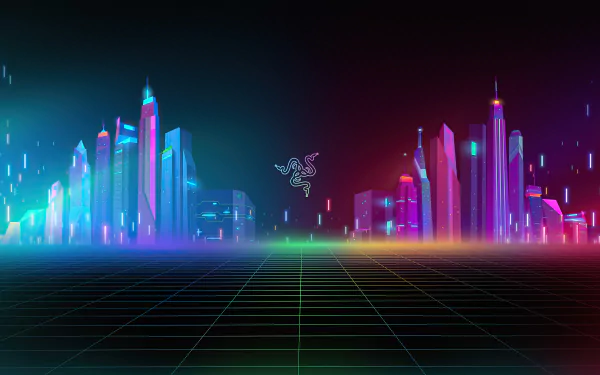 4K Ultra HD wallpaper featuring a neon-lit futuristic cityscape with glowing buildings and the Razer logo centered, blending technology and urban design.