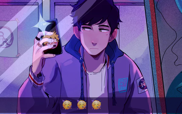 HD PC desktop wallpaper featuring an anime-style black-haired character holding a phone with a Craig Tucker emoji from South Park on the screen.