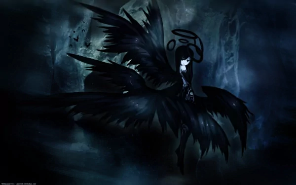 A dark and captivating anime wallpaper featuring an angelic figure with large black wings, set against a moody background that enhances its ethereal presence.