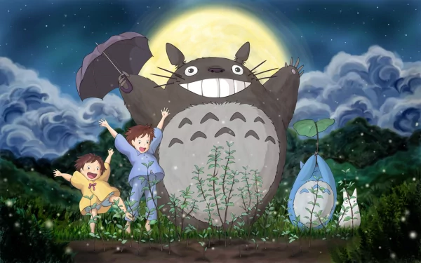 HD wallpaper featuring Satsuki and Mei Kusakabe, Totoro, and Mini Totoro from the anime My Neighbor Totoro, joyfully dancing under a moonlit sky.