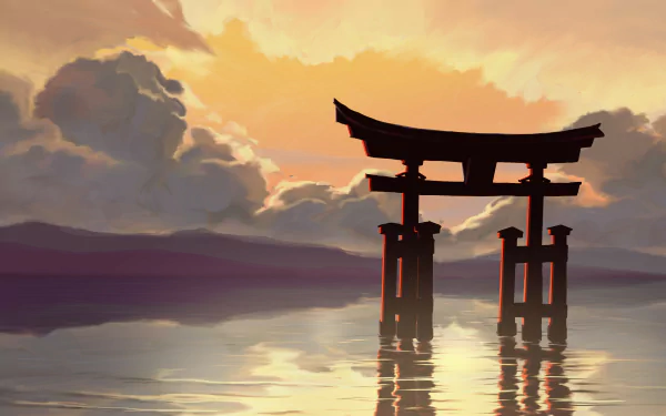 Anime-style HD desktop wallpaper depicting a serene lake landscape with a traditional torii shrine silhouetted against a warm, glowing sunset sky.