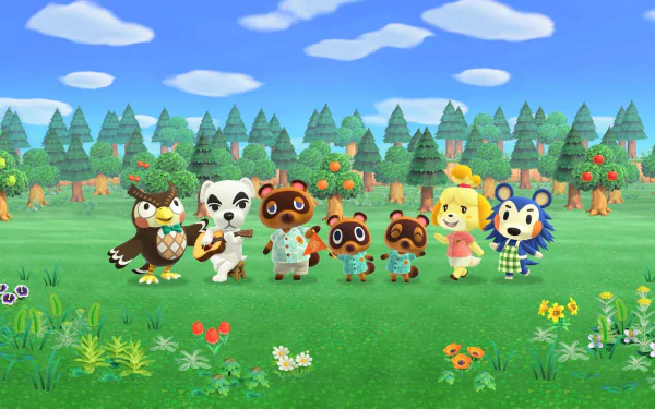 HD desktop wallpaper of Animal Crossing: New Horizons featuring various game characters outdoors with trees and flowers.
