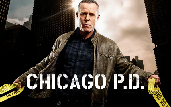 HD wallpaper featuring Hank Voight from Chicago P.D., standing with the city skyline behind and police tape in hand.