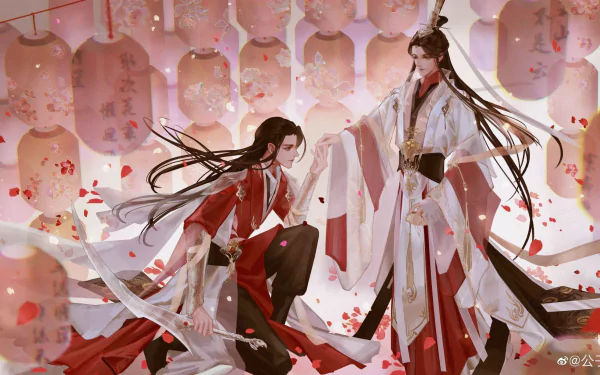 HD PC desktop wallpaper of Tian Guan Ci Fu: two long-haired anime figures in flowing red and white robes, surrounded by falling petals and soft lantern light.