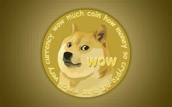 HD wallpaper featuring Dogecoin cryptocurrency with a Shiba Inu dog and whimsical phrases on a golden coin against a textured background.