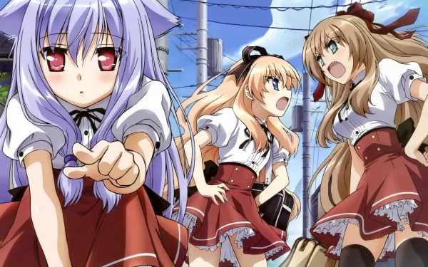 HD PC desktop wallpaper featuring characters from the anime Mayoi Neko Overrun!, showcasing three girls in school uniforms against a bright sky backdrop.