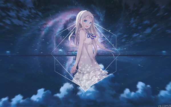 4K Ultra HD anime wallpaper featuring Meiko Honma from Anohana, with a picture-in-picture design set against a starry night sky and cosmic background.