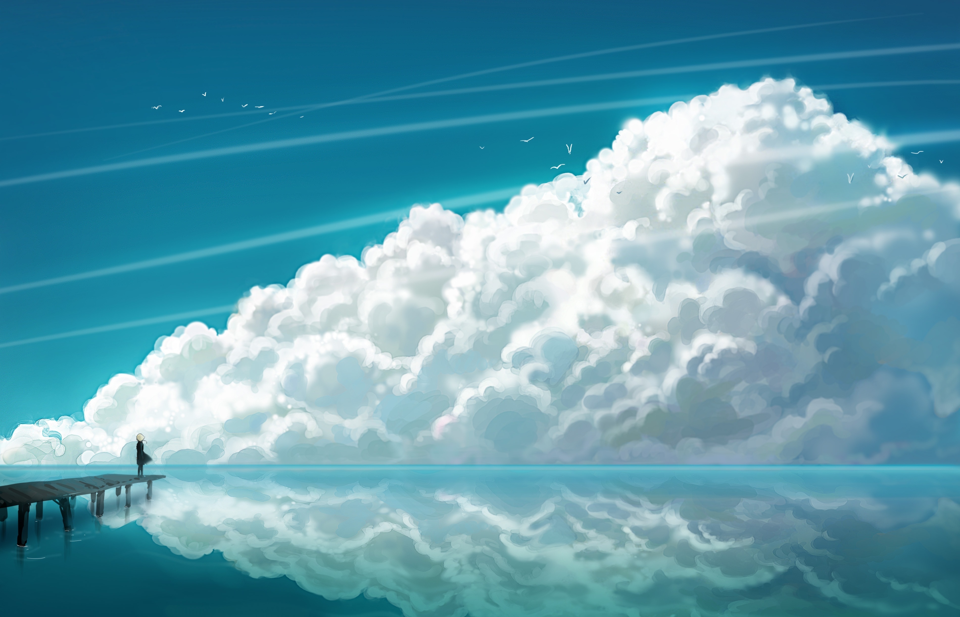 Desktop wallpaper with anime-style illustration of a pier reflecting on an ocean with clouds in the sky.