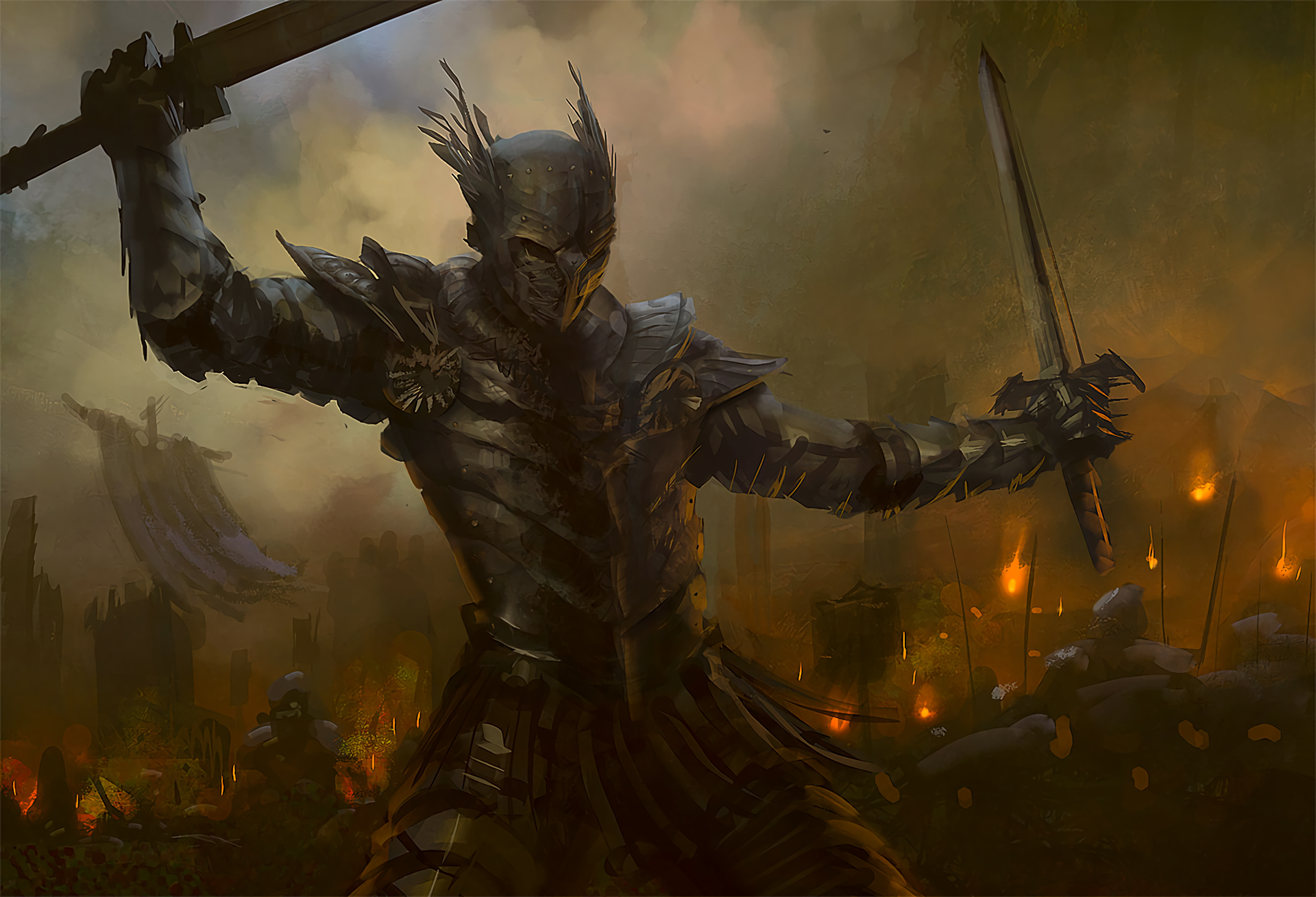 A fierce battle with a warrior wielding a sword in armor.