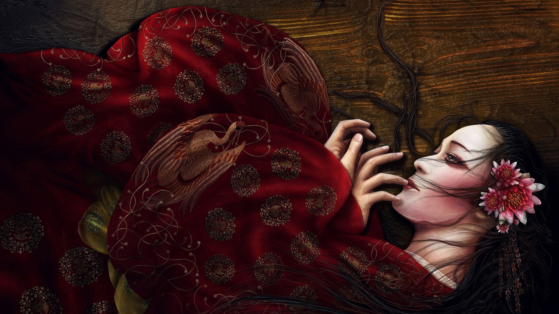 Fantasy HD PC desktop wallpaper featuring a woman with flowing dark hair and a red floral kimono, lying on a wooden surface with delicate pink flowers in her hair.