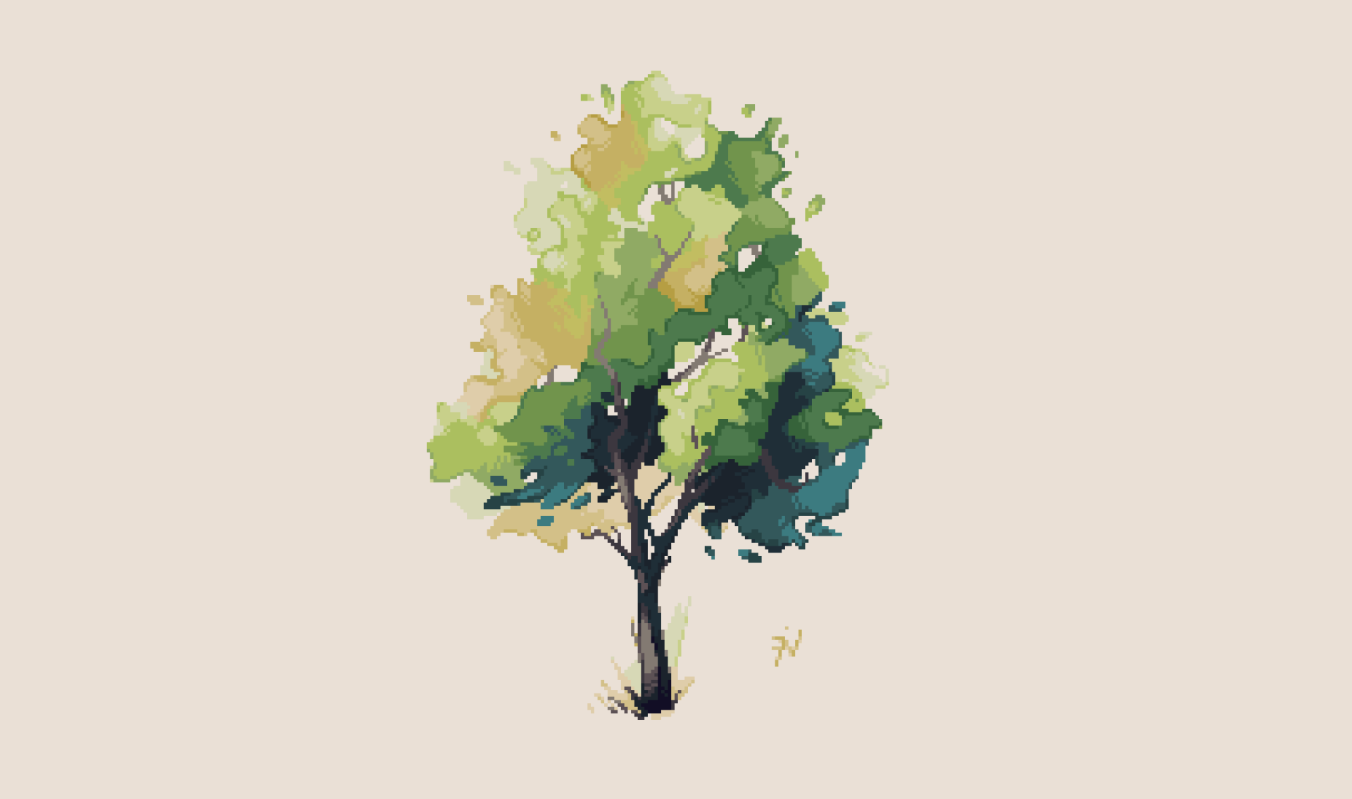 Artistic pixel art of a green leafy tree on a light background, designed as an HD PC desktop wallpaper and background.