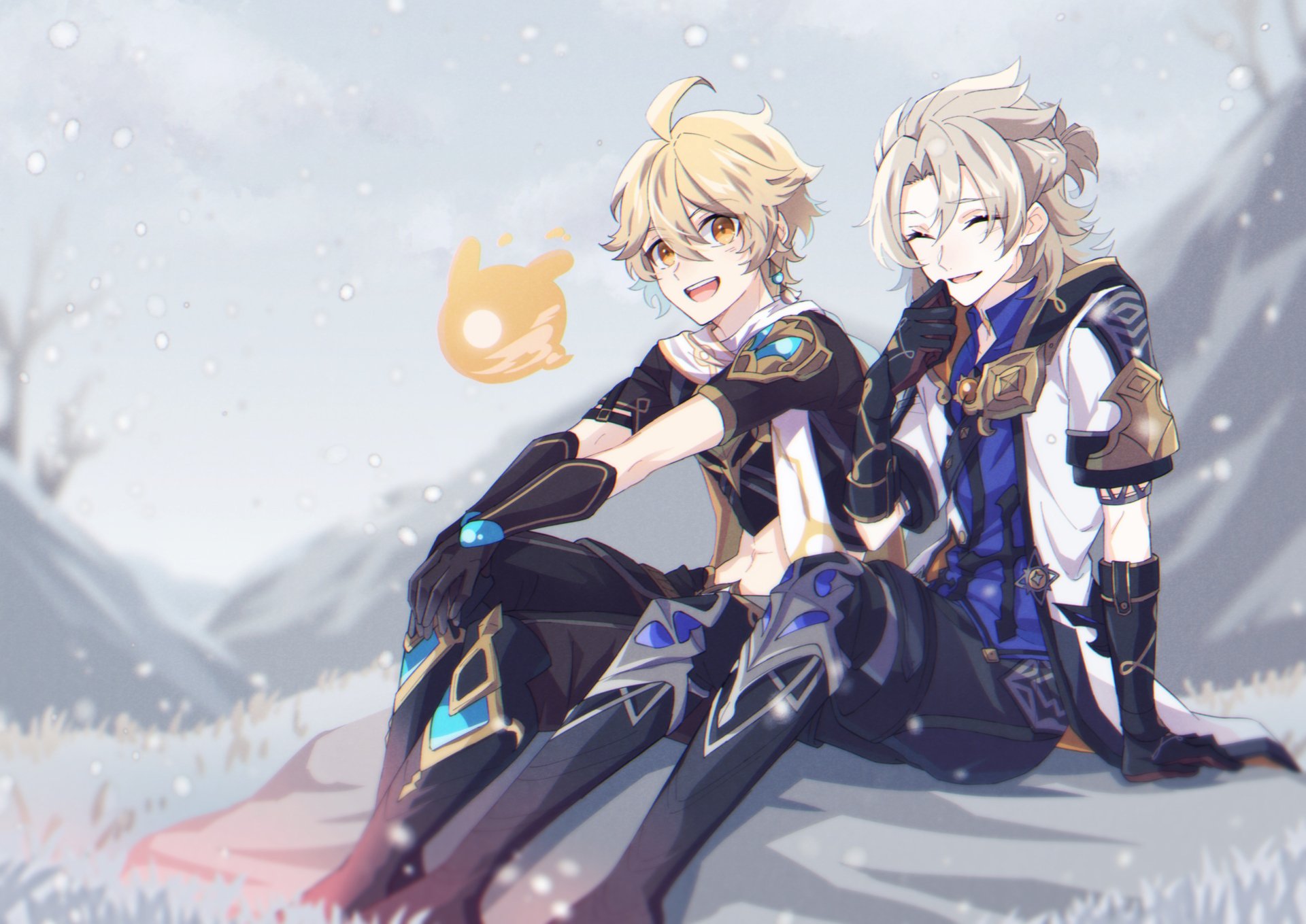 HD desktop wallpaper featuring Albedo and Aether from the video game Genshin Impact, depicted sitting together with a snowy mountain background.