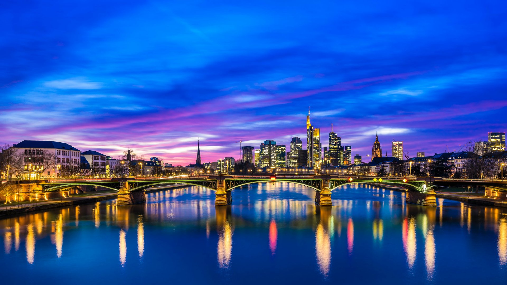 Download Bridge Cityscape Night Water Man Made Frankfurt HD Wallpaper by Timo Gebel